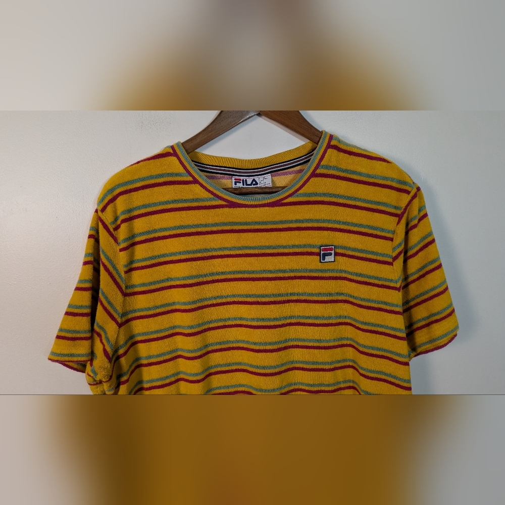 Fila UO Men's Retro Yellow Stripe Cotton Terry Cloth Tee Shirt - Picture 2 of 8